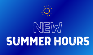 blue background with "New Summer Hours"