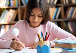 Image: photo of a girl sitting in a library writing on paper with a pen.