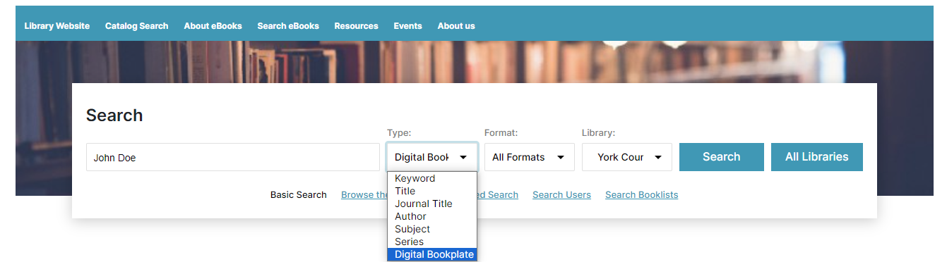 Screenshot image of the online catalog search bar and filters on the digital bookplate "type"