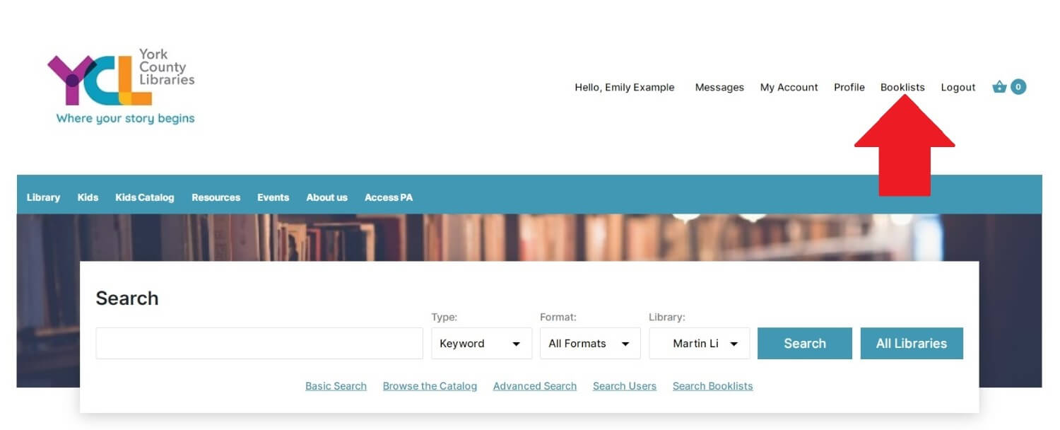 Booklists Button From Main Catalog Screen