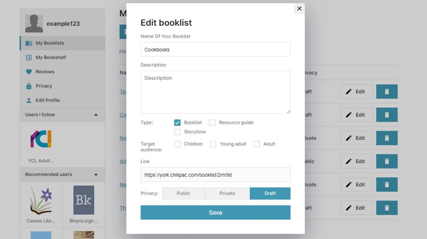Edit Or Publish Booklist Window Screenshot