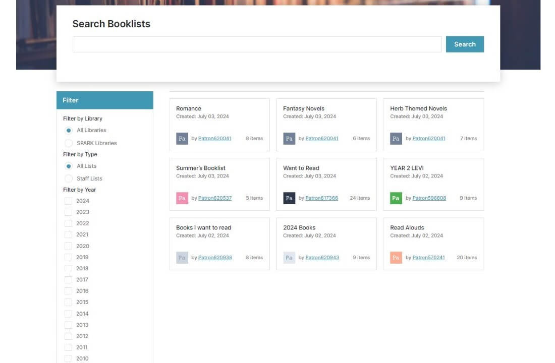 Expanded Search Booklists Page