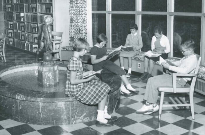 Vintage Photo Of Kids Sitting Around Fountain In Martin Library