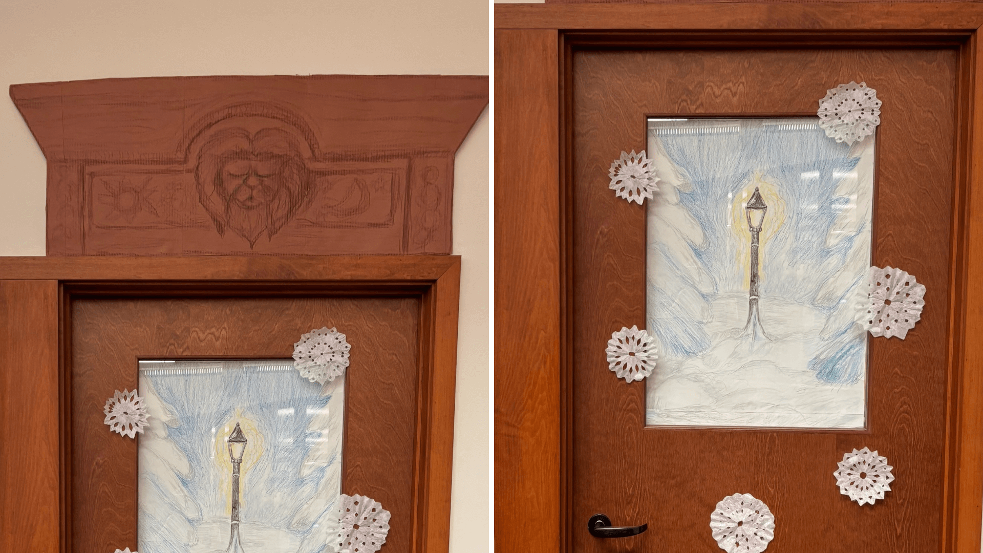 Closeups of the handmade door topper and art behind the glass window of Mason-Dixon Library's door contest entry, which is "A look into Narnia"