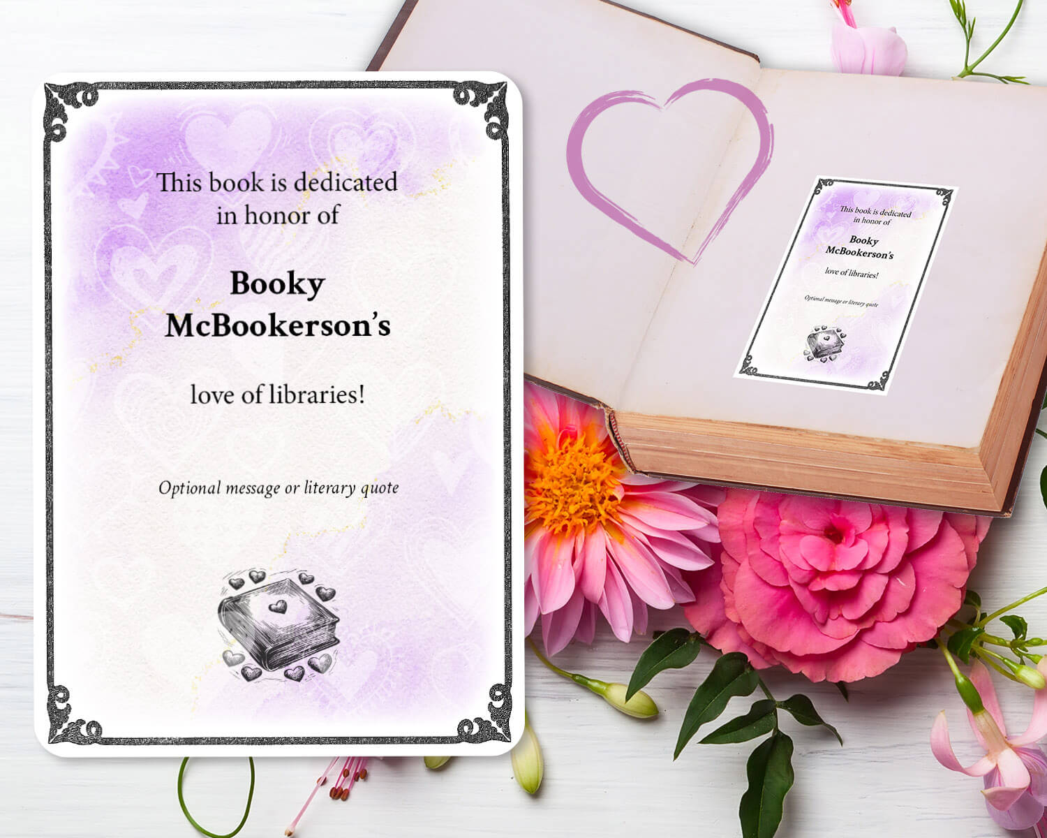 promotional image of the library lovers month special bookplate design. Includes a border and purple watercolor design with hearts.
