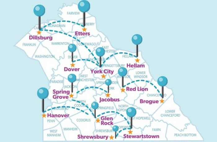 A map of York County marked with each library location.
