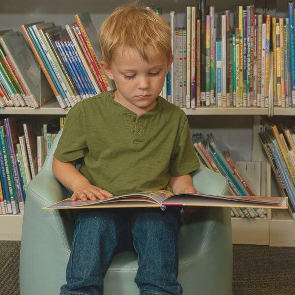 Pensive young boy reading a picture book