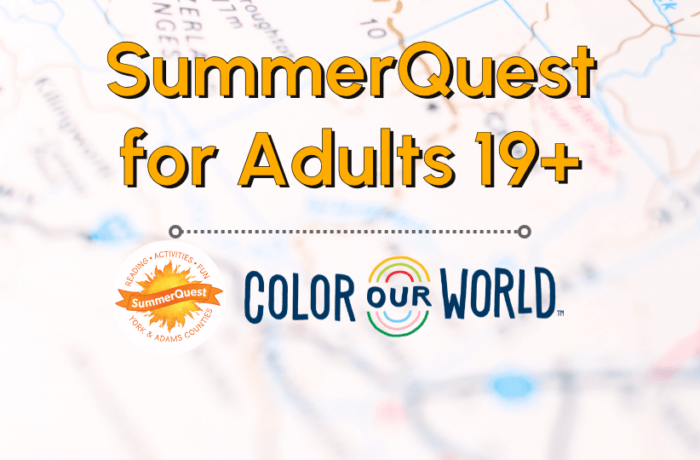 Text: SummerQuest for Adults 19+ Color Our World 2025