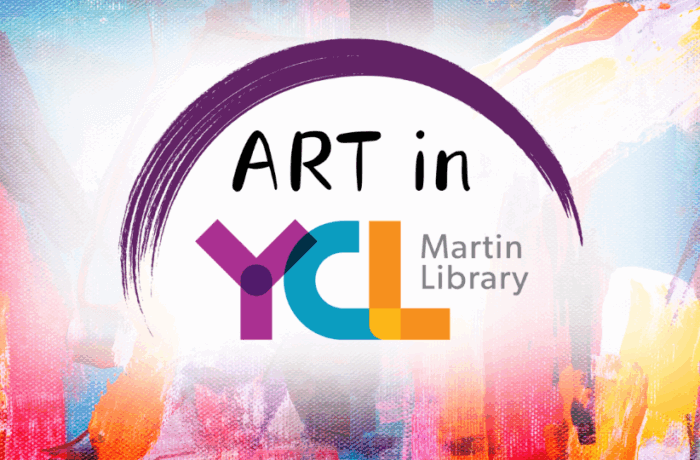 Text: "Art in Martin: YCL Martin Library" Image: a curve of purple paint arches over the text. Background
