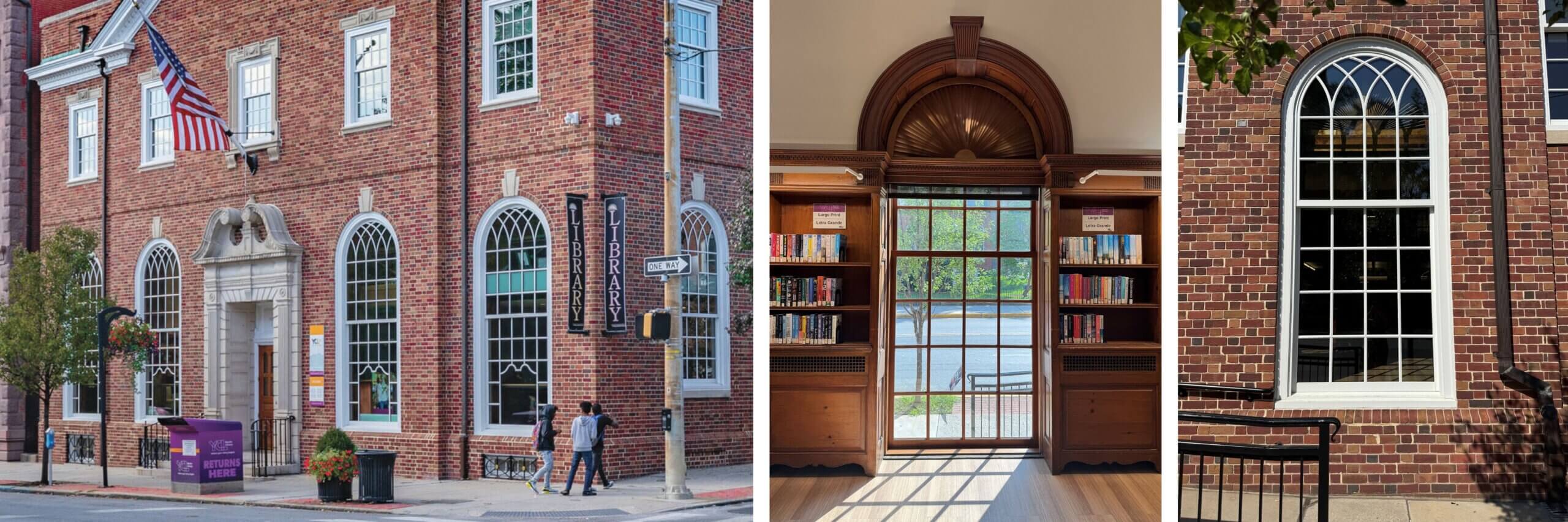 A composite image showing three views of Martin Library's signature arched windows from outside and inside of the building.