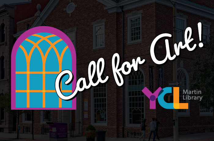a graphic with the text "call for art" that has an illustration of Martin Library's iconic arched Palladian windows