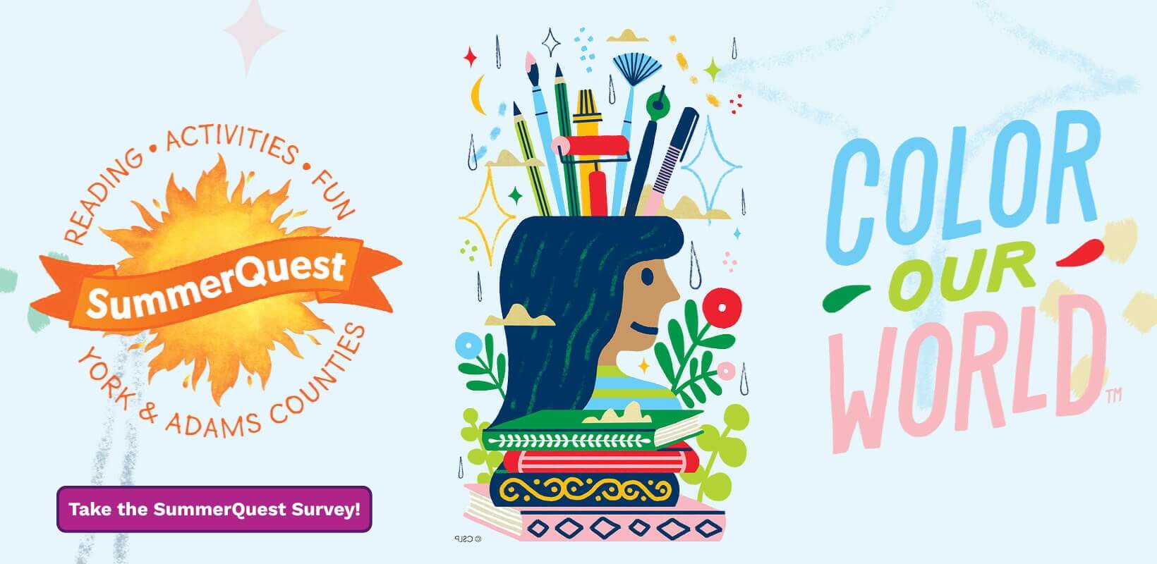 summerquest: color our world 2025 banner graphic with survey link