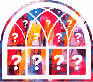 A stylized graphic of the windows at Martin Library rendered in bright colors. A question mark sits inside each window pane.