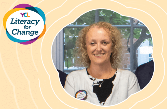 Claire Forbush's photo next to the Literacy for Change logo