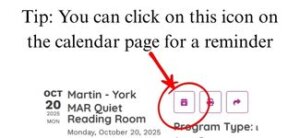 Image point out where to click for email reminders on our Events calendar on events.yorklibraries.org