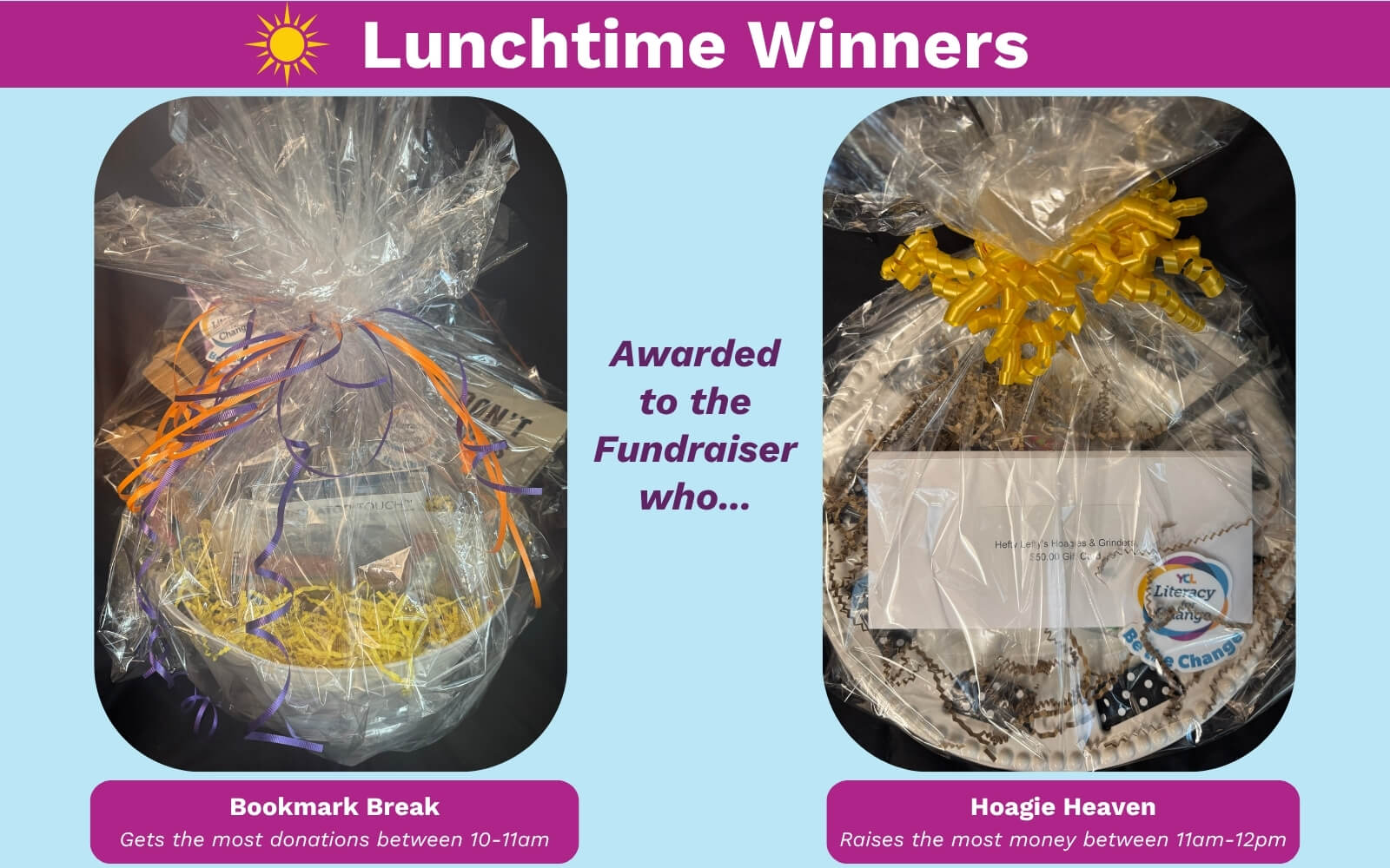 Two Literacy for Change 2025 lunchtime prize bundles: "Bookmark Break" and "Hoagie Heaven"