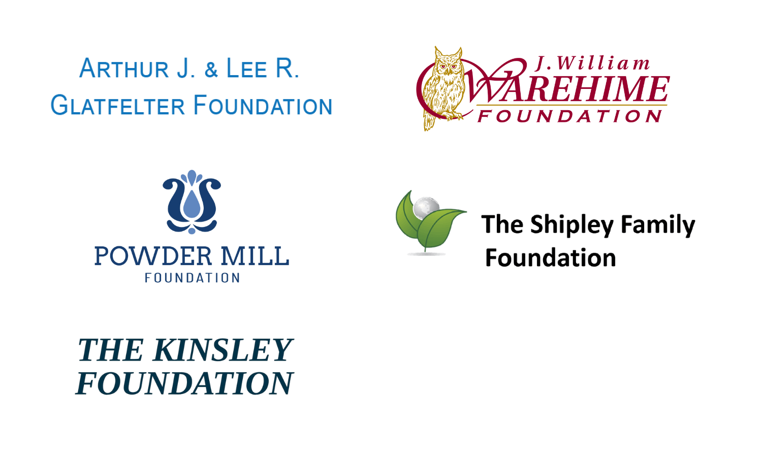 five sponsor logos for literacy for change 2025 which include: Arthur J. & Lee R. Glatfelter Foundation, J. William Warehime Foundation, Powder Mill Foundation, and The Shipley Foundation, and the Kinsley Foundation