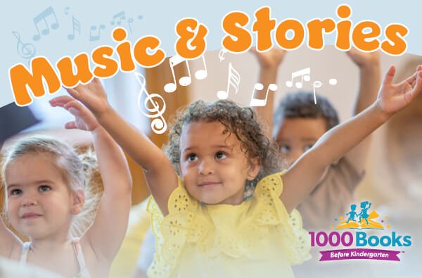 Image of a group of children holding their hands above their heads. Text above them reads "Music and Stories"