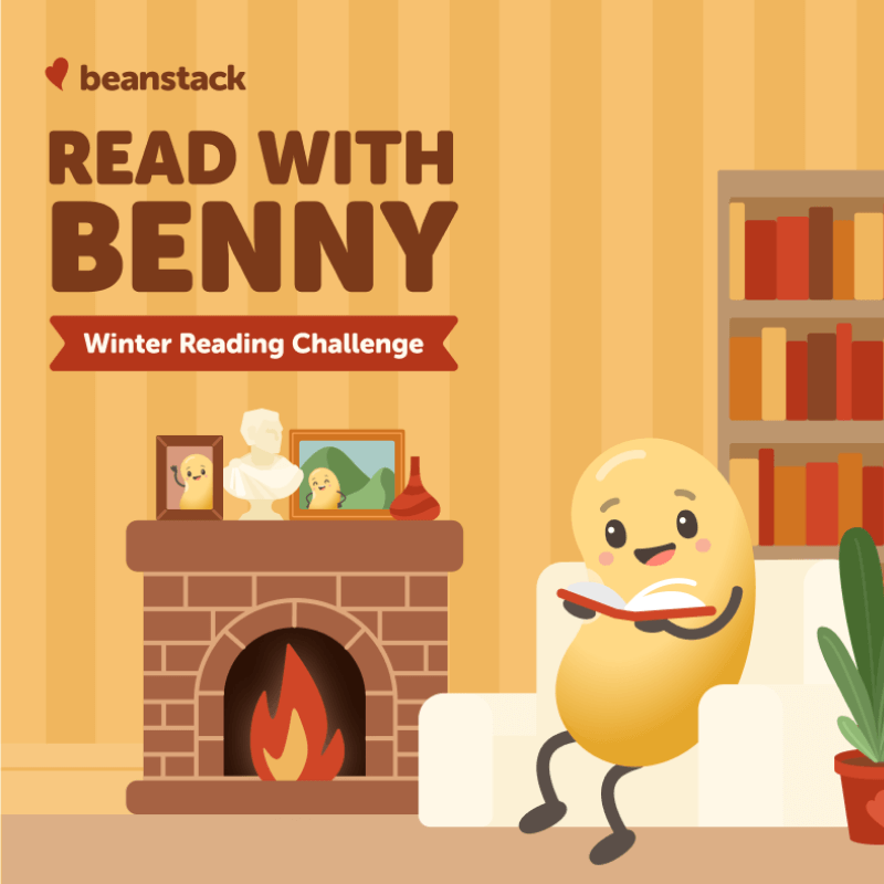 The mascot of Beanstack, Benny the Bean, reading a book while seated on a sofa near a roaring fireplace.