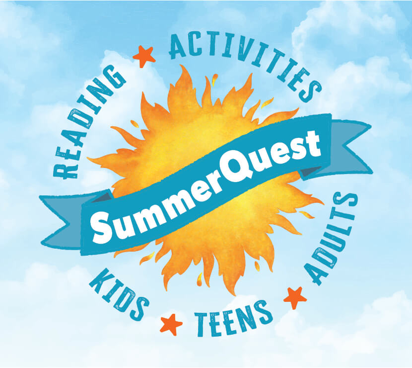 summerquest logo of a sun with a blue banner on top of it that reads "saummerquest." text circles the logo that reads "reading. activities. kids, teens, adults"