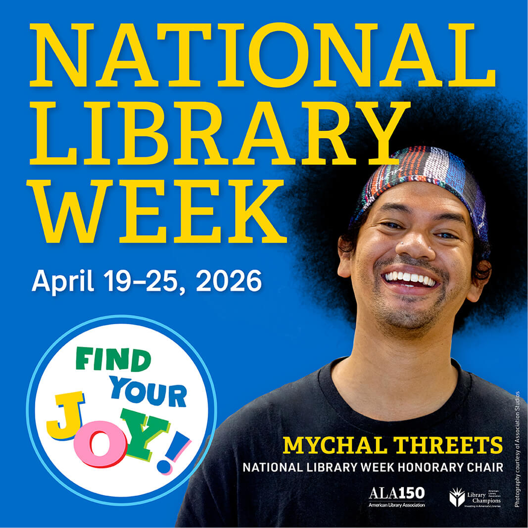 A portrait picture of social media influencer Mychal Threets with text announcing the beginning of National Library Week 2026