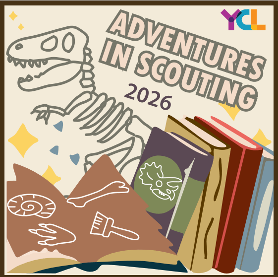 graphic of the 2026 scout patch for summerquest participants. includes a graphic of books and a t-rex skeleton