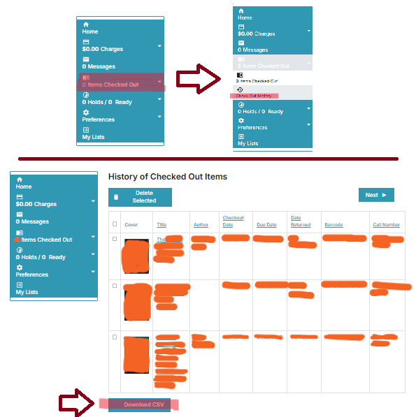 Illustration showing the left menu "Items Checked Out" option; toggling that option open to show "Check Out History; and lastly, scrolling to the bottom of the list to click the "Download CSV" button